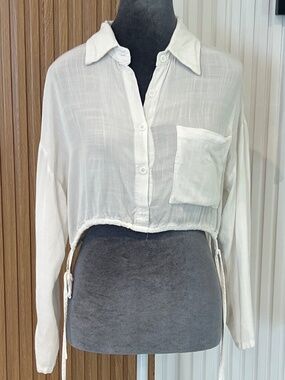 White Cropped Button Up Shirt XS Soft Lightweight Drawstring Waist Blouse